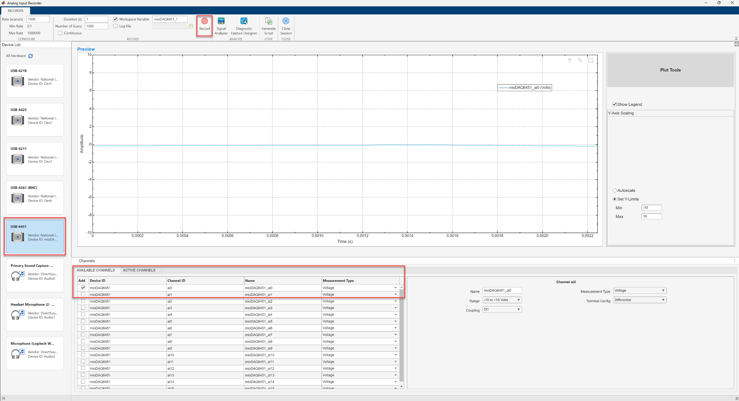 Choose required signals in Analog Input Recorder app.