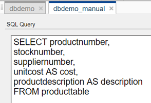 The SQL Query pane shows the SQL SELECT statement to select the productnumber, stocknumber, suppliernumber, unitcost, and productdescription columns from the table producttable. The query contains the SQL AS statement after the unitcost and productdescription columns to rename them as cost and description, respectively.