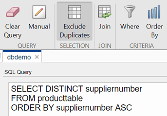 The SQL Query pane shows the SQL SELECT statement to select the suppliernumber column from the table in ascending order. The query contains the SQL DISTINCT statement.