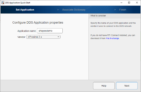 Dialog box showing the Set Application options of the DDS Application Quick Start.