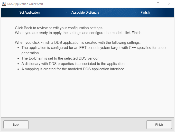 Dialog box showing the finish information of the DDS Application Quick Start.