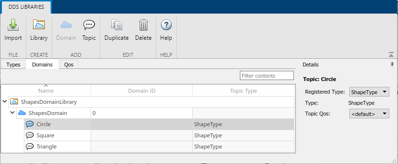 Display of Details pane under the Domains tab when Circle topic is selected in the DDS Dictionary.