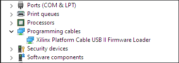 Device Manager shows Xilinx Platform Cable USB II Firmware Loader under Programming cables.