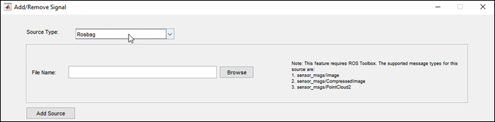 Add/Remove Signal dialog box with Source Type set to Rosbag