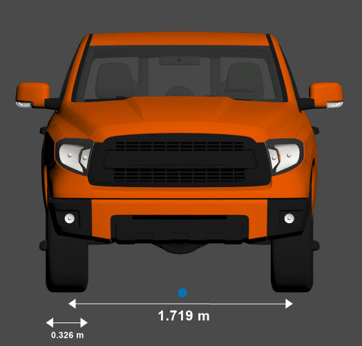 Front view of small pickup truck with the origin marked in blue beneath its center and its front tire width and front axle dimensions shown. The front tire width is 0.326 meters. The front axle width is 1.719 meters.