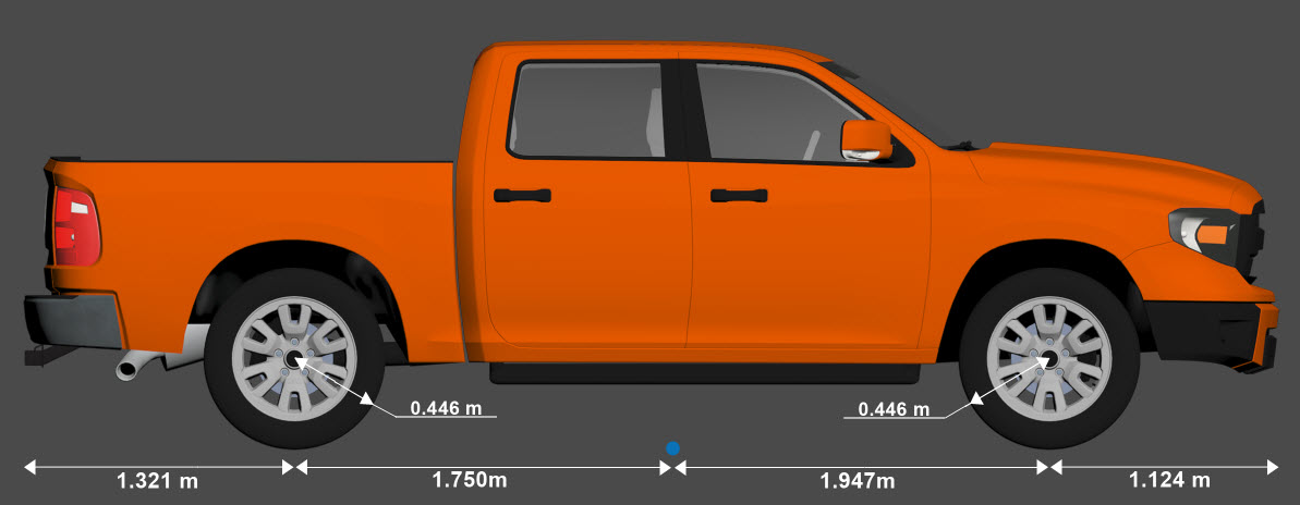 Side view of small pickup truck with the origin marked in blue beneath its center and its length and overhang dimensions shown. The rear overhang is 1.321 meters. The distance from the rear overhang to the origin is 1.750 meters. The distance from the origin to the front overhang is 1.947 meters. The front overhang is 1.124 meters. The tire radius is 0.446 meters.