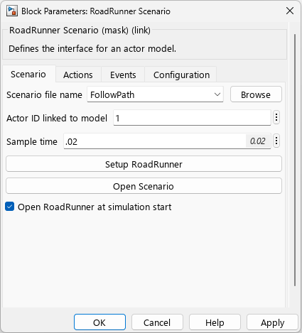 Block Parameters dialog box for the RoadRunner Scenario block.