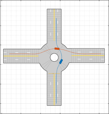 Two vehicles in roundabout with a pedestrian crossing the road leading up to the roundabout