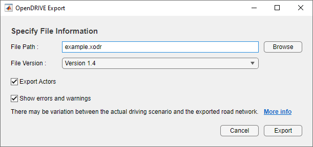 Export scenario window for saving the file