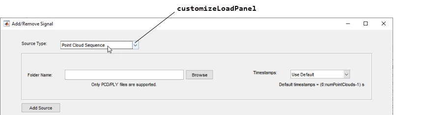 Add/Remove Signal dialog box with the customizeLoadPanel method name pointing to the "Point Cloud Sequence" selection in the Source Type parameter