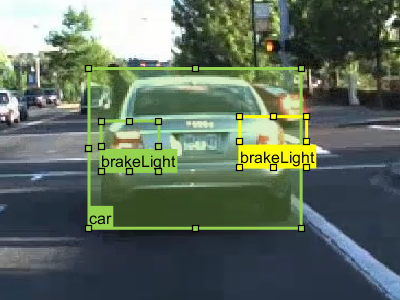 A vehicle labeled "car" with rectangular "brakeLight" subabels applied to its brake lights.