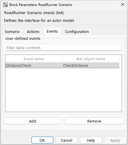 In the Events tab of the RoadRunner Scenario block, map the DistanceCheck user-defined event created in RoadRunner Scenario to the CheckDistance bus object in Simulink.
