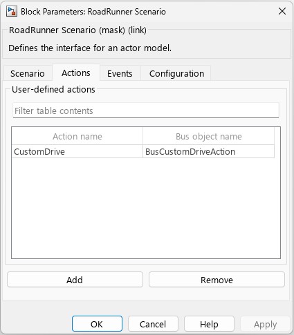In the Actions tab of the RoadRunner Scenario block, map the CustomDrive action created in RoadRunner Scenario to the BusCustomDriveAction bus object in Simulink.