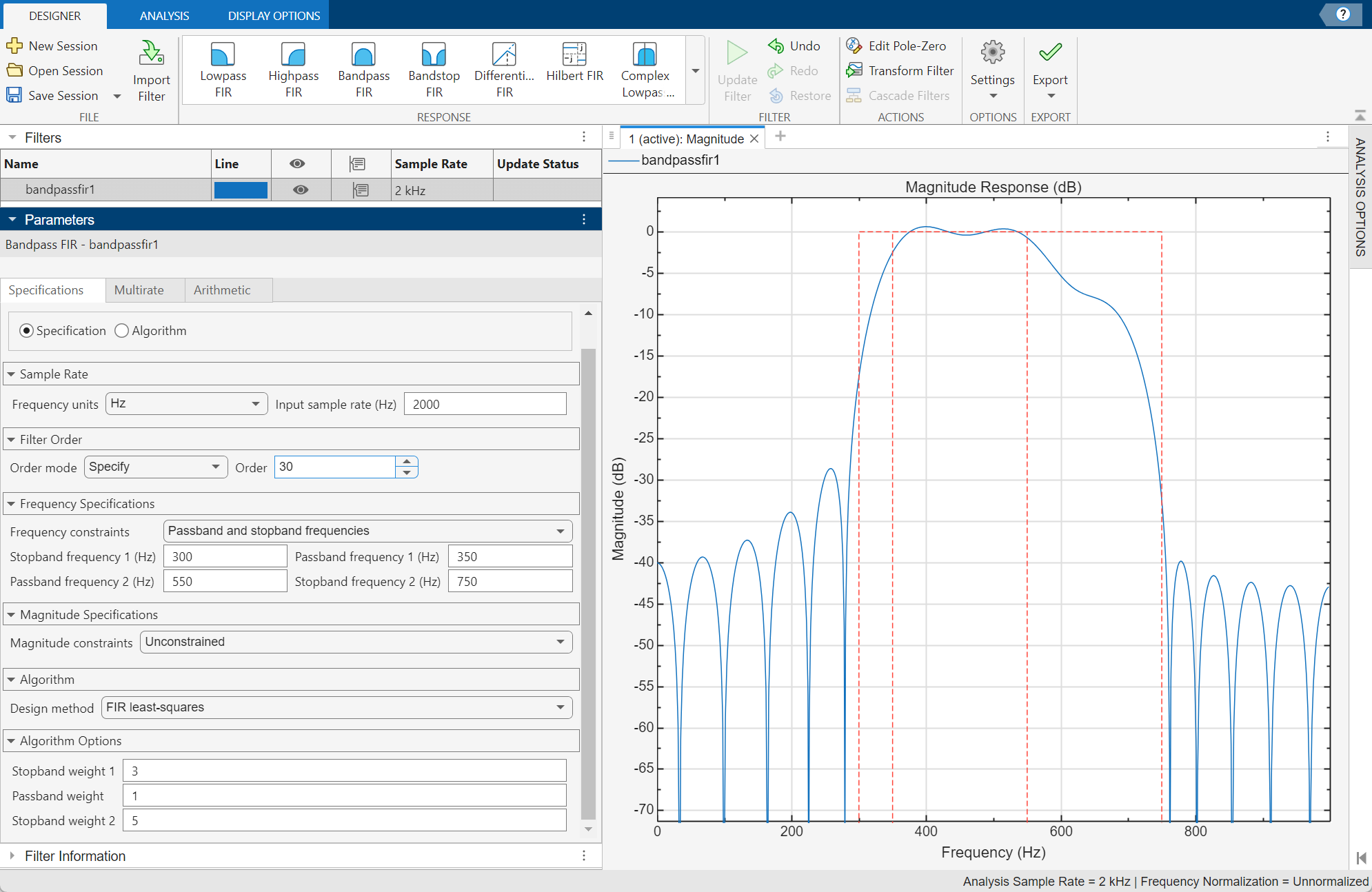 Bandpass FIR filter design using Filter Designer app