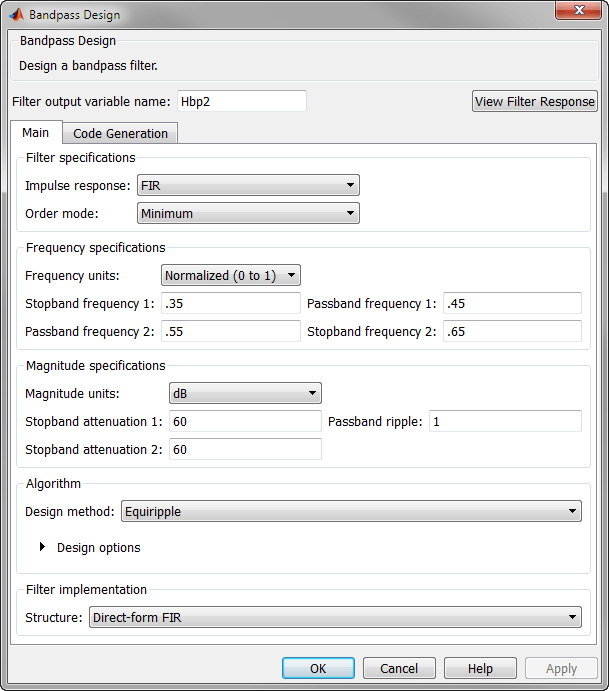 Bandpass Design window. The window has two panes: Main, and Code Generation. The figure shows the Main pane.