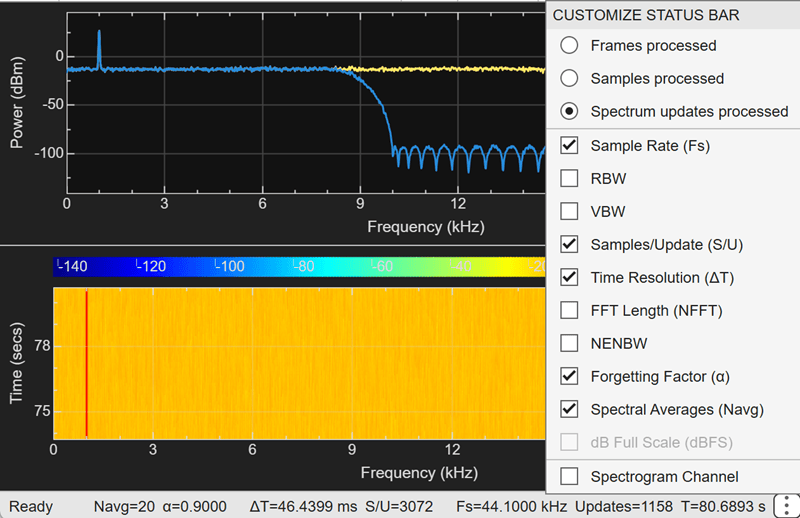 Spectrum analyzer showing the status bar with new readouts.