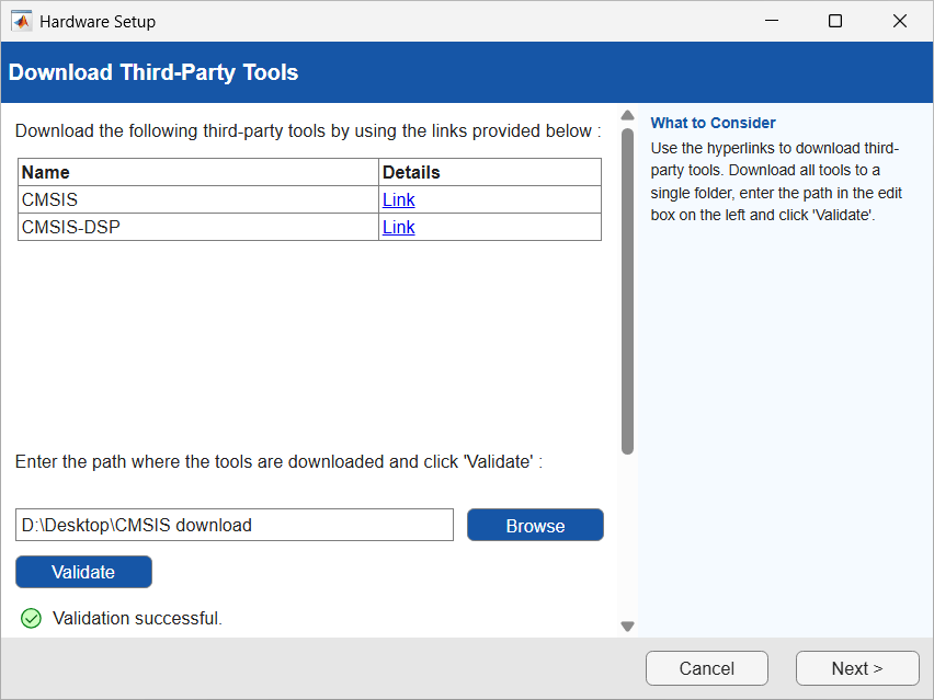 Hardware Setup window displaying the Download Third‑Party Tools step. A table lists CMSIS and CMSIS‑DSP with links beside each item. A field at the bottom of the window to browse and select the path to the downloaded third-party tools. A validate button below the field to validate the specified path.