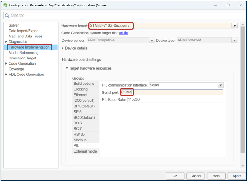Configuration parameters window with Hardware board and Serial port options highlighted.