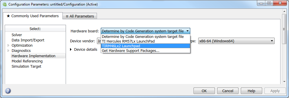 The Hardware Board selection in the Hardware Implementation pane of the Configuration Parameters dialog box displays your specified hardware name.