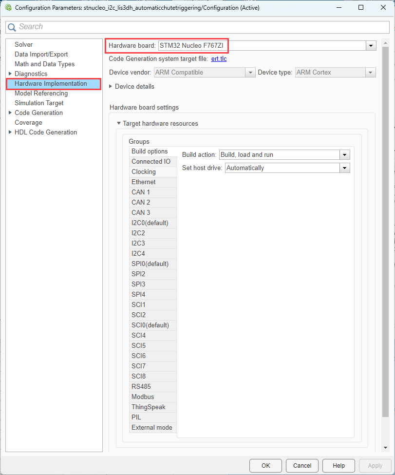 Model configuration parameters for selecting Analog Input resource on Nucleo board