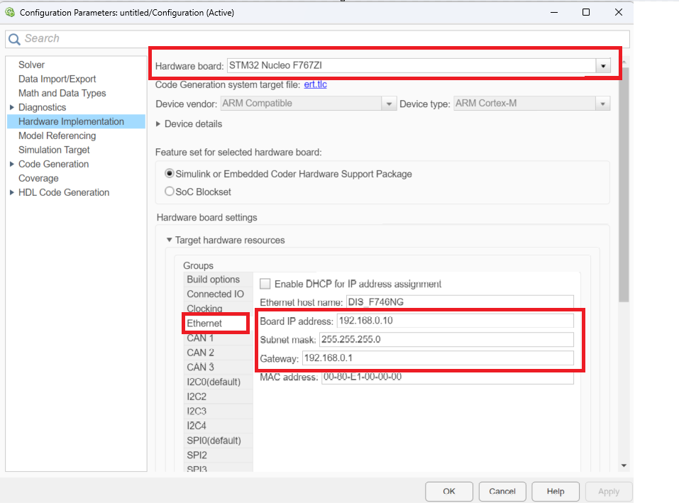 Model configuration parameters for selecting PWM resource on Nucleo board