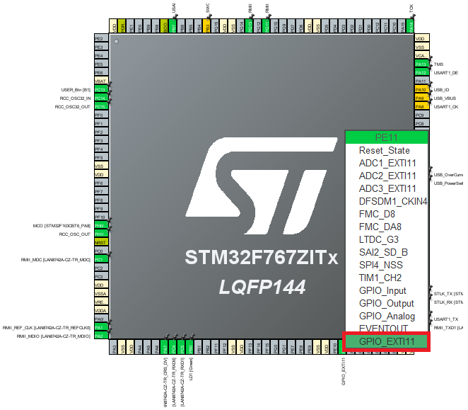 Pin map configuration for external interrupt resource in STM32 CubeMX configuration software