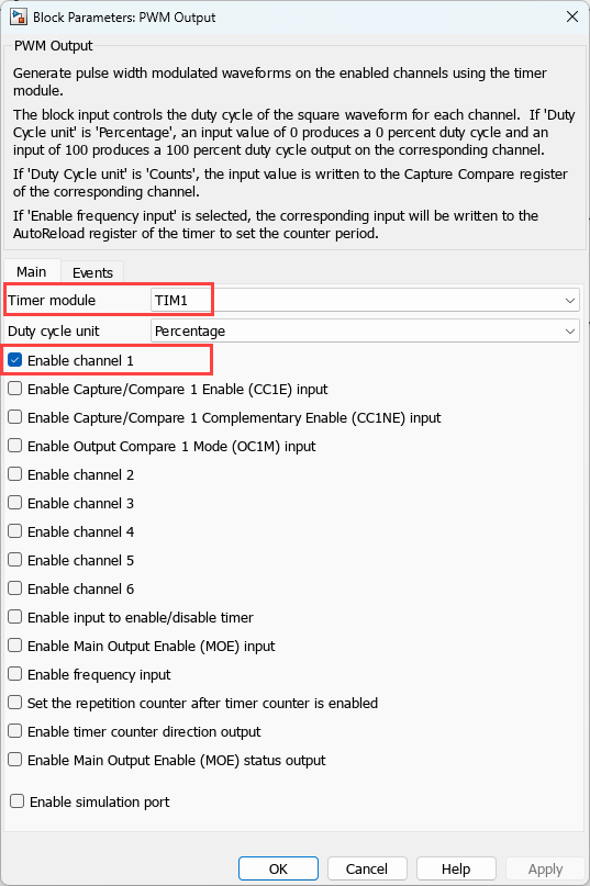 Block configuration parameters for PWM Output block in STM32 library