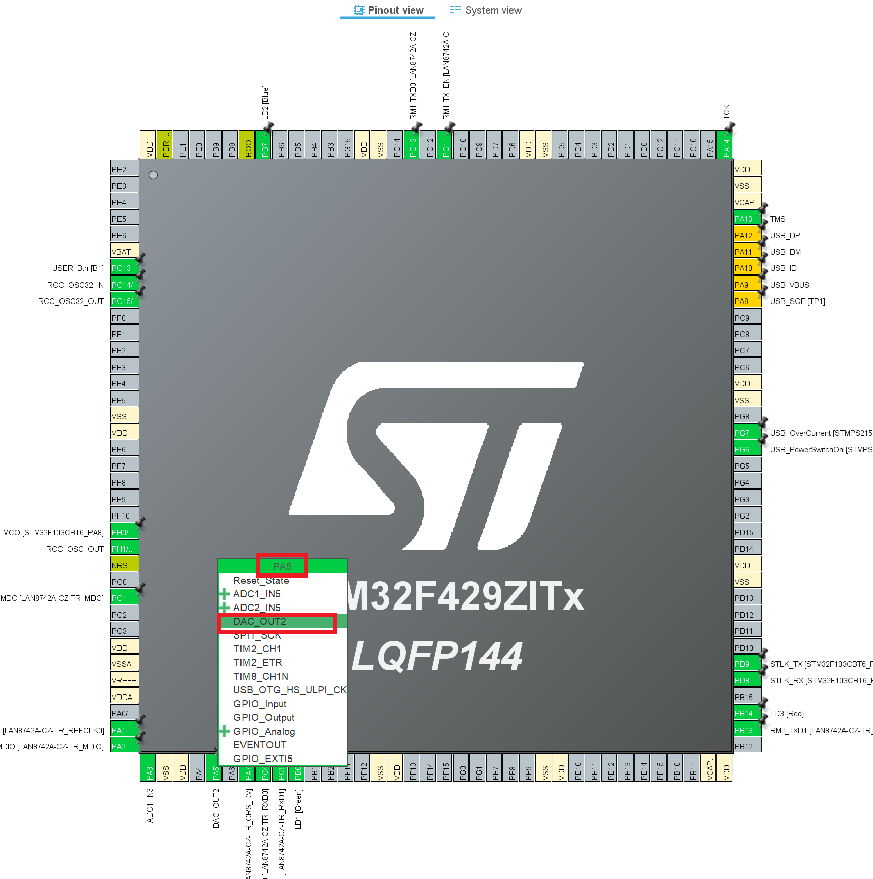 Pin map configuration for Analog Output resource in STM32 CubeMX configuration software
