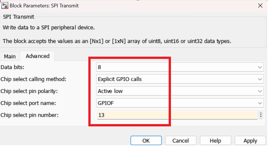 Block configuration parameters for SPI block in STM32 library