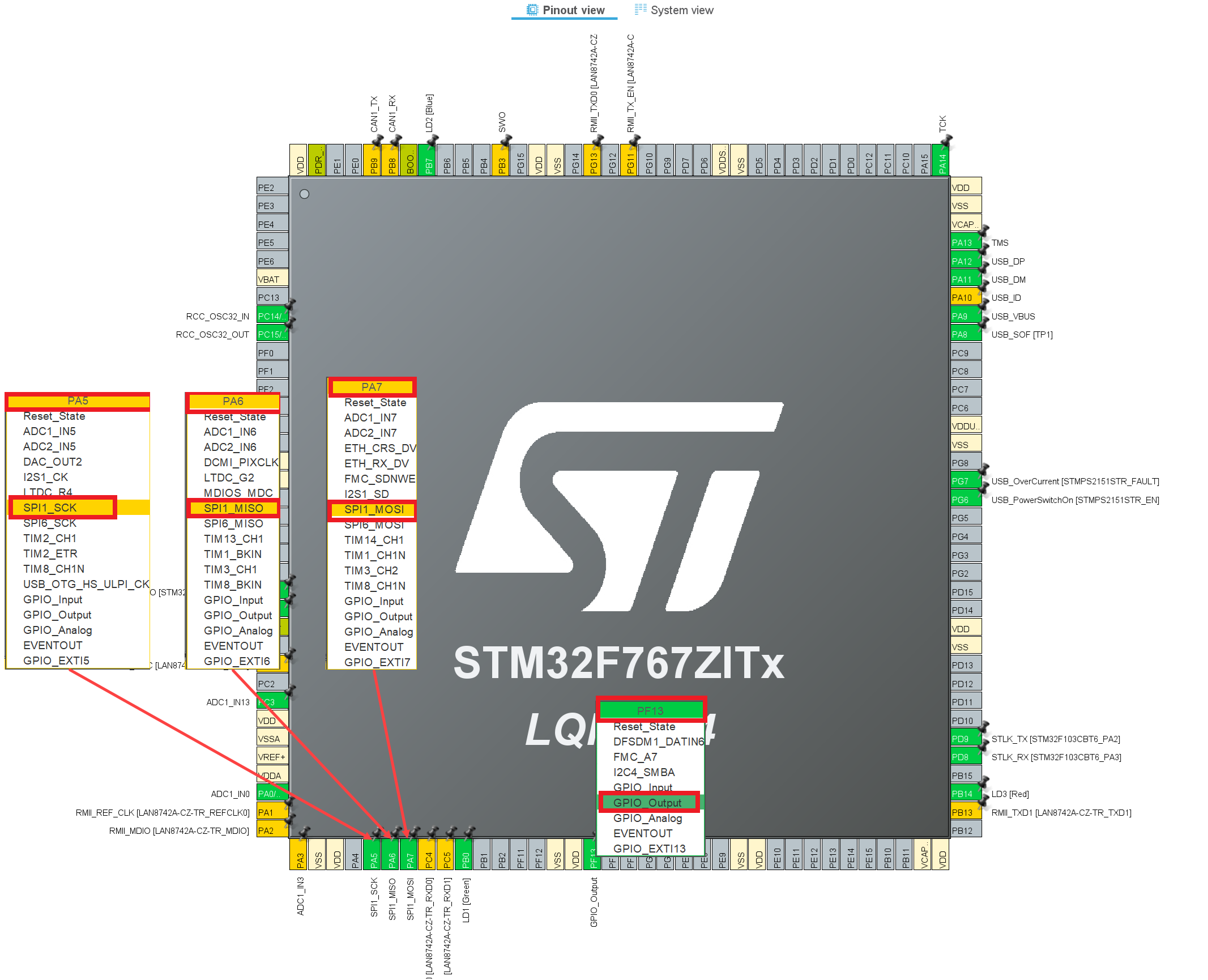 Pin map configuration for SPI port and pins in STM32 CubeMX configuration software