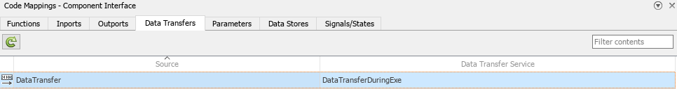 Code mappings editor with data transfer service for DataTransfer signal configured to DataTransferDuringExe