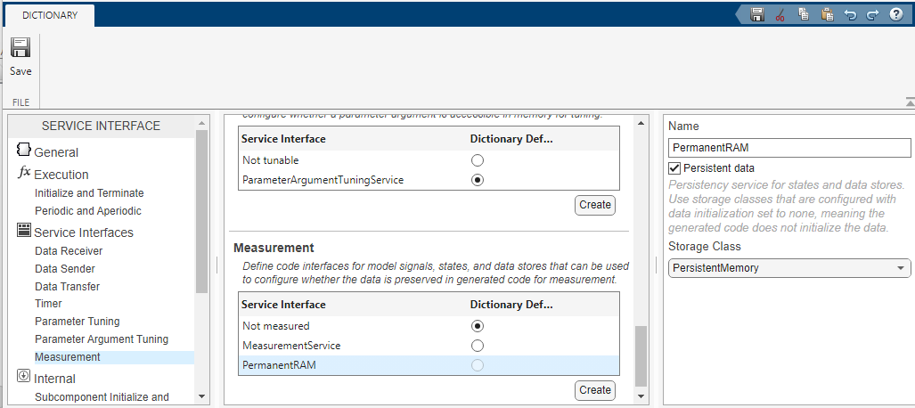 Embedded Coder Dictionary showing measurement service interfaces.