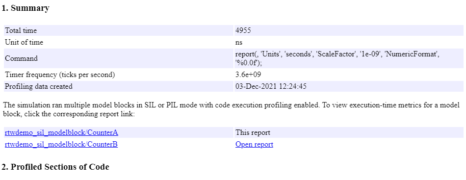 Section of report for first Model block.