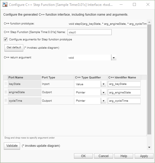 View the C++ step function details in the Configure C++ Step Function dialogue box