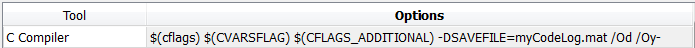 Add compiler option to C Compiler row of Tool Options table as $(cflags) $(CVARSFLAG) $(CFLAGS_ADDITIONAL) -DSAVEFILE=myCodeLog.mat /Od /Oy-