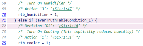 Generated code with two lines for a decision highlighted.