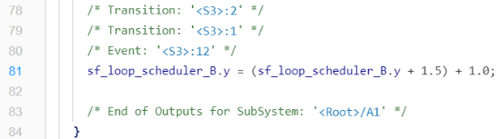 Generated code with traceability comments that identify an entry and an event in the model.