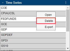 Time series pane shows all variables except for COE, FEDFUNDS, and GDP selected via right-click. Selected variables are highlighted in gray. The given options are Open, Delete, and Export. The Delete option is selected and highlighted in blue.