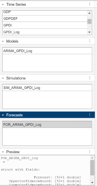 This screen shot shows the sections of the left pane, which includes Time Series, Models, Simulations, Forecasts, and Preview.