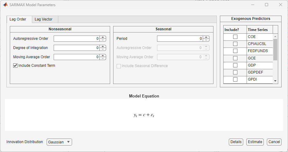 The SARIMAX Model Parameters dialog box has the "Lag Order" tab selected. The Nonseasonal section shows Autoregressive Order, Degree of Integration and Moving Average Order all set to zero. The check box next-to "Include Constant Term" is selected. The Seasonal section shows Period set to zero and Autoregressive Order, Moving Average Order, and Include Seasonal Difference are all grayed out. The Predictors section is at the far right and the Model Equation section is at the bottom.