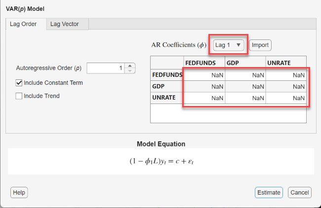Screen shot of VAR Model Parameters dialog box with Lag Order tab selected and AR Coefficients table and Lag highlighted.