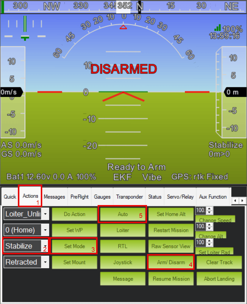 < Alt text: "Steps to start mission in auto mode: 1. Select the Actions tab. 2. Select Stabilize from the mode drop-down. 3. Select Set Mode. 4. Select Arm/ Disarm to arm the quadcopter. 5. Select Auto.
