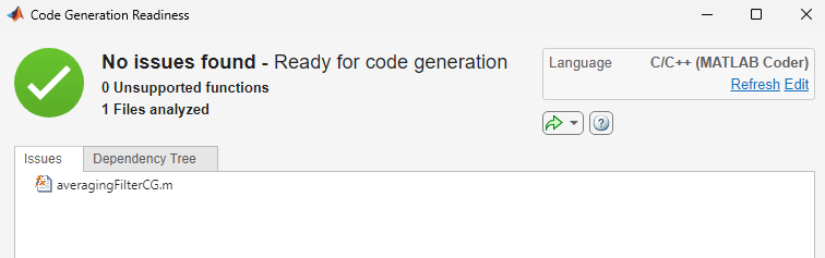 Code generation readiness tool, showing no errors