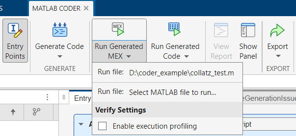 MATLAB Coder tab, showing Run Generated MEX button