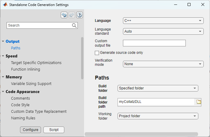 Standalone Code Generation Settings dialog box, showing Output pane