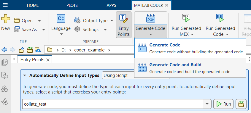 MATLAB Coder tab, showing Generate Code button