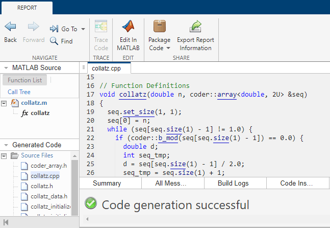 Code generation report, showing collatz.cpp