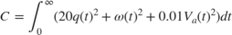 $$ C = \int^\infty_0 (20q(t)^2+\omega(t)^2+0.01V_a(t)^2) dt $$
