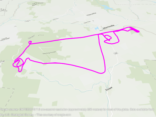 A 3-D line plotted over a region with topographic imagery