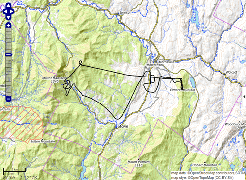 A line plotted over a region with topographic imagery